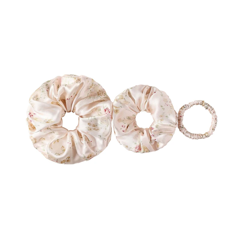 3 Pack Floral Silk Scrunchies Set of Different Sizes