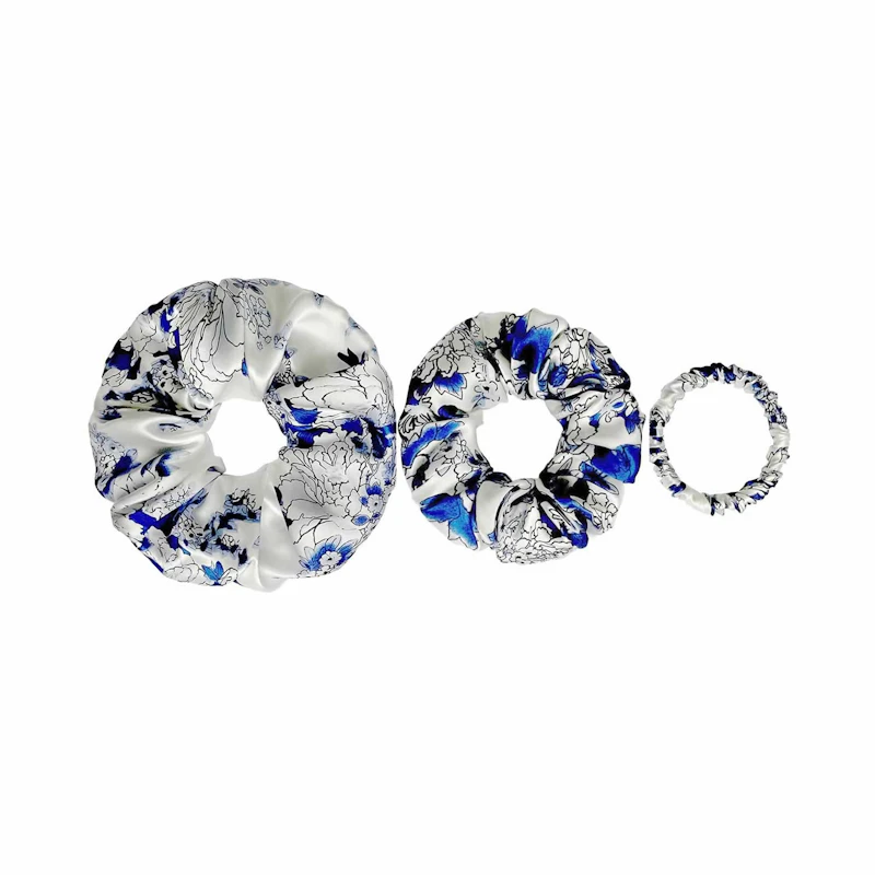 3 Pack Floral Silk Scrunchies Set of Different Sizes