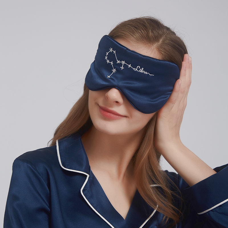 Zodiac Embroidered Silk Eye Mask Navy Blue RachelSilk United States
