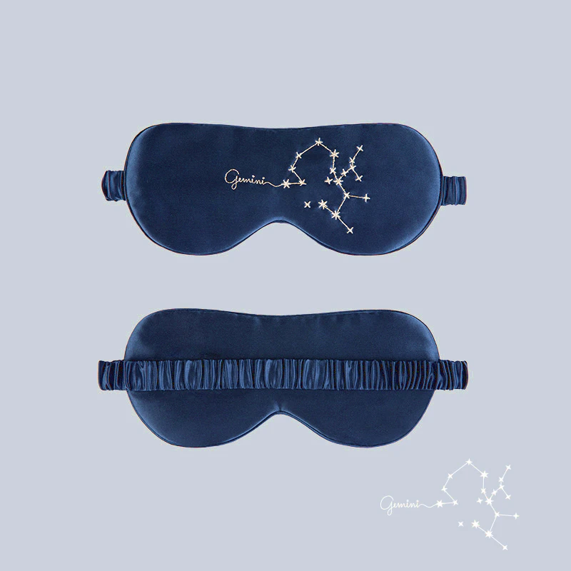 Zodiac Embroidered Silk Eye Mask Navy Blue