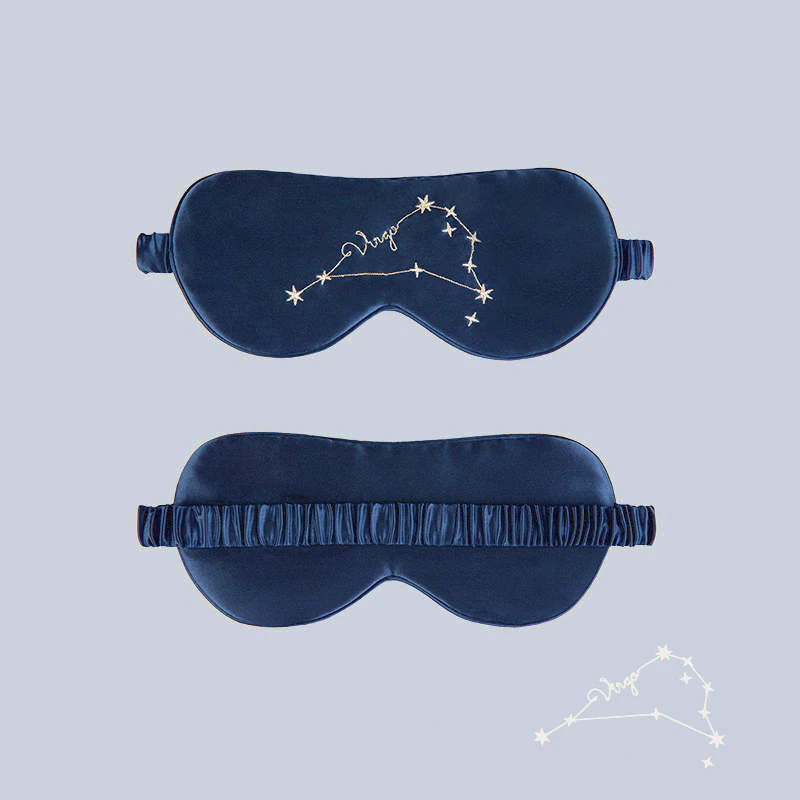 Zodiac Embroidered Silk Eye Mask Navy Blue