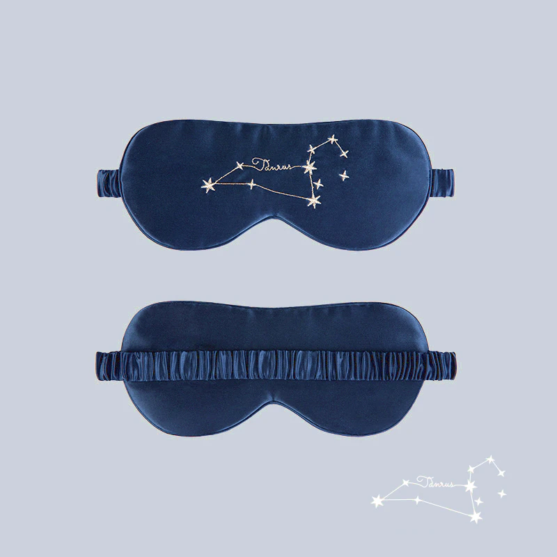 Zodiac Embroidered Silk Eye Mask Navy Blue