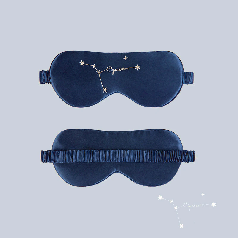 Zodiac Embroidered Silk Eye Mask Navy Blue