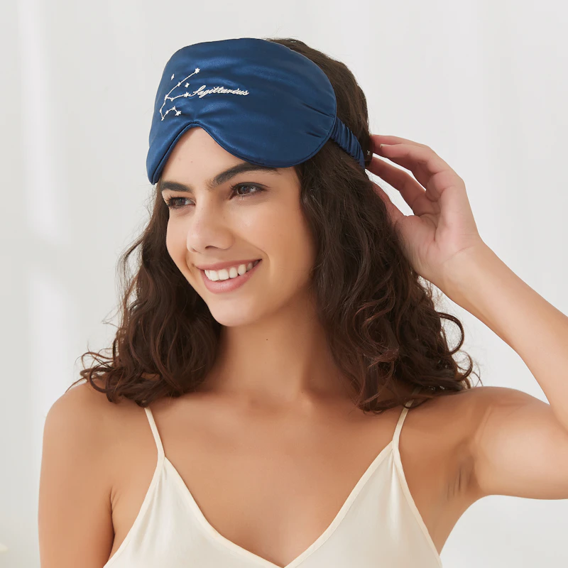 Zodiac Embroidered Silk Eye Mask Navy Blue