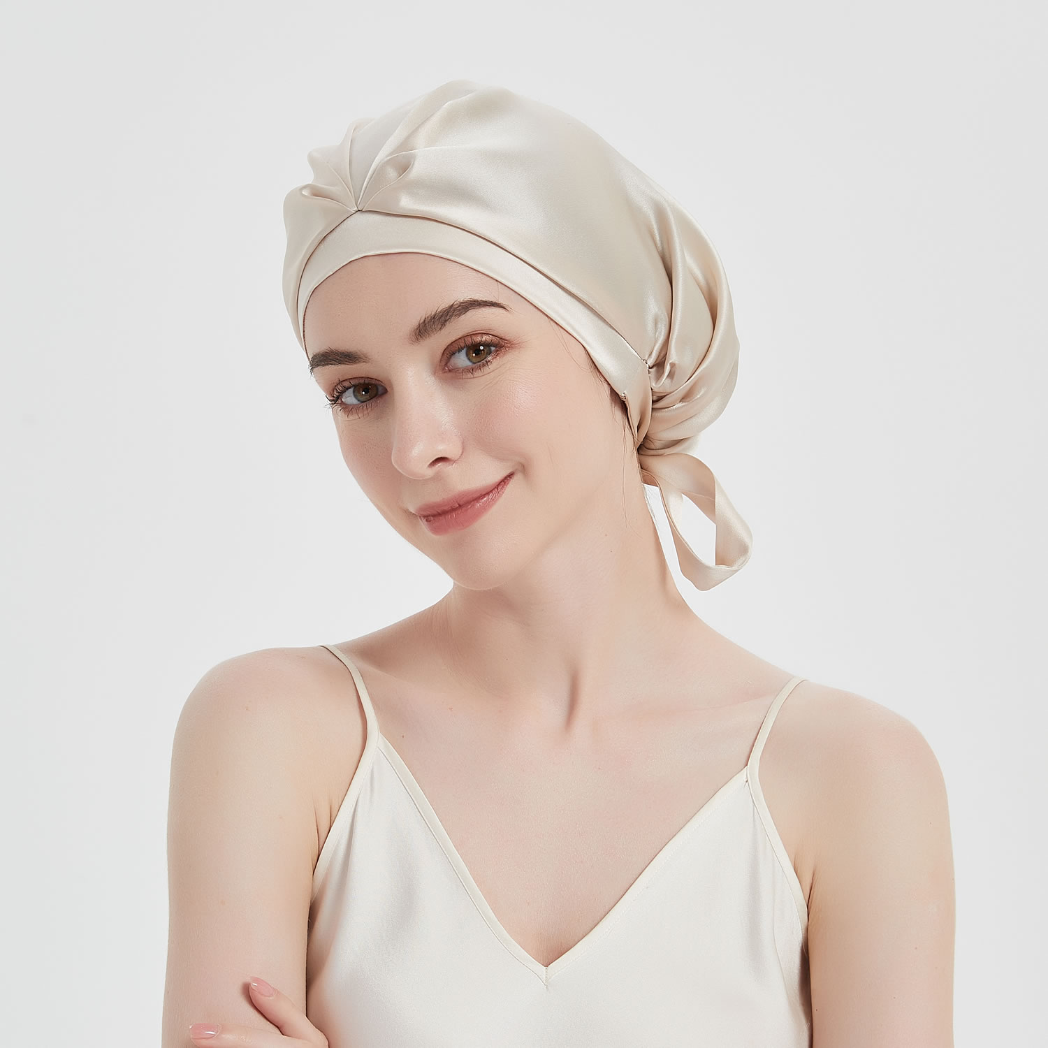RachelSilk 100% Silk Bonnet Silk Sleep Cap Silk Hair Wrap Breathable with Ribbon for Hair Care - Bright Coffee