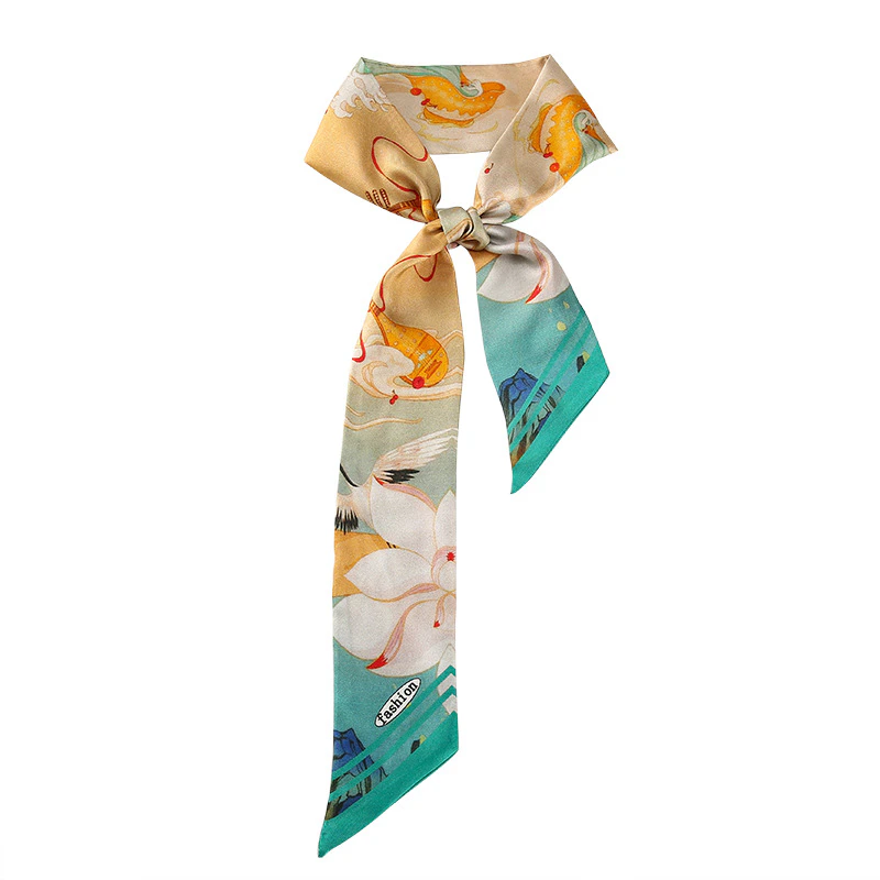 Cute Skinny Floral Print Silk Twill Ribbon Scarf