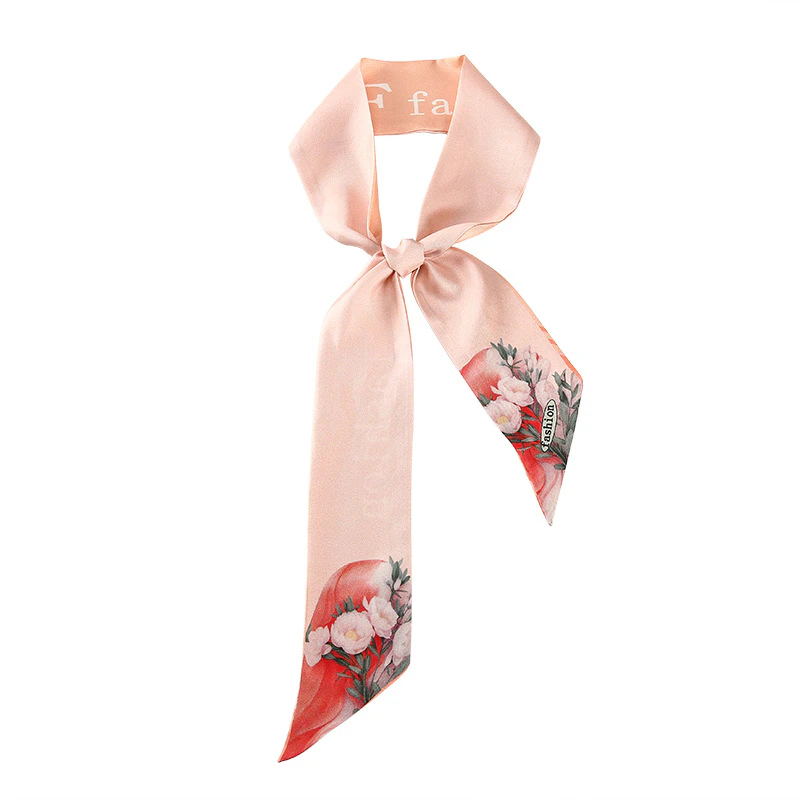 Cute Skinny Floral Print Silk Twill Ribbon Scarf