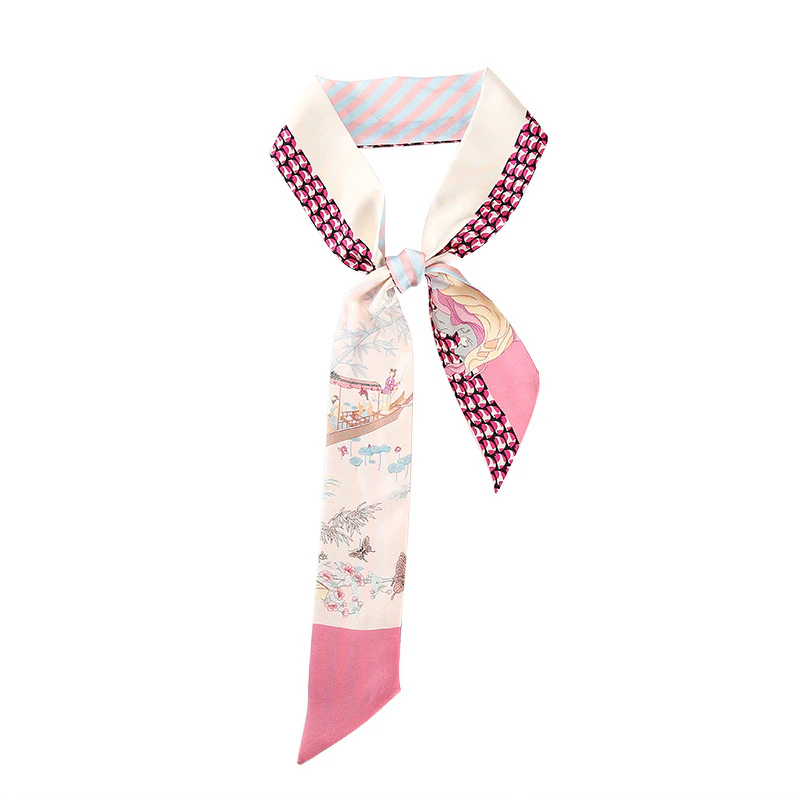 Cute Skinny Floral Print Silk Twill Ribbon Scarf
