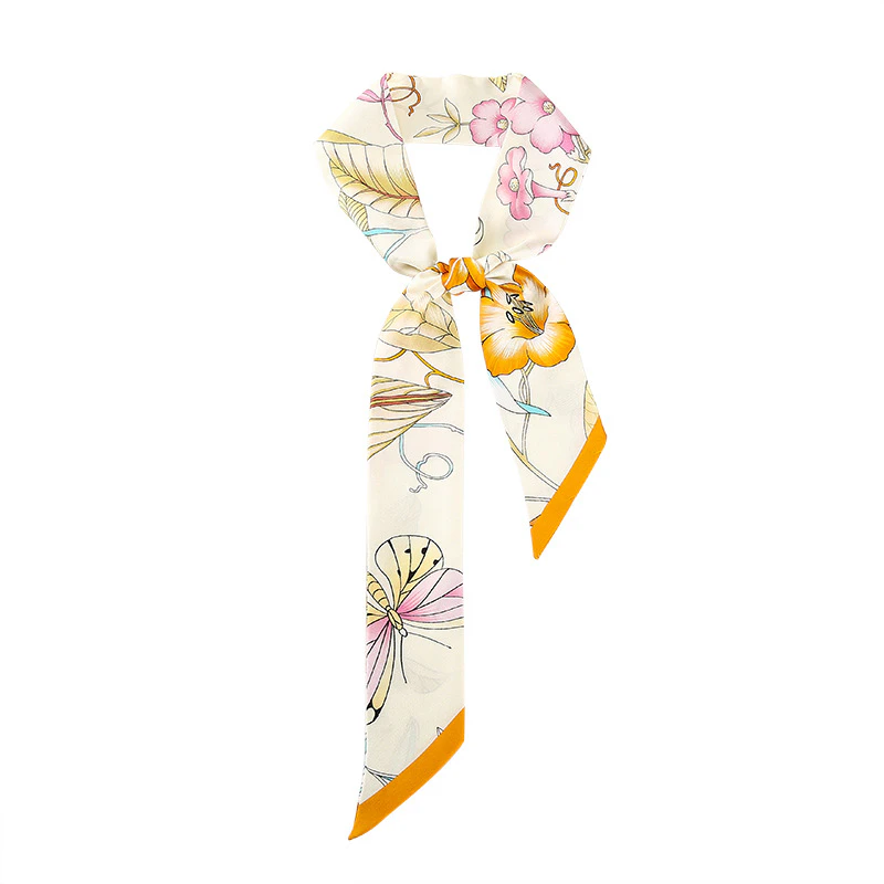 Cute Skinny Floral Print Silk Twill Ribbon Scarf