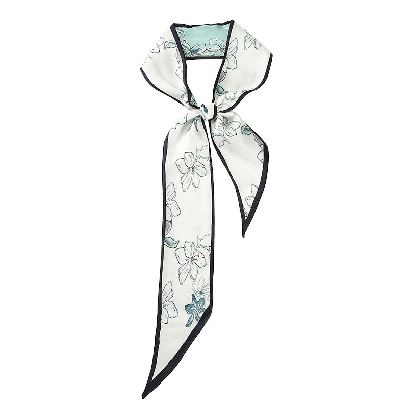 Cute Skinny Floral Print Silk Twill Ribbon Scarf