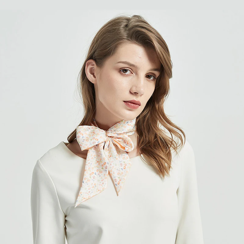 Cute Skinny Floral Print Silk Twill Ribbon Scarf