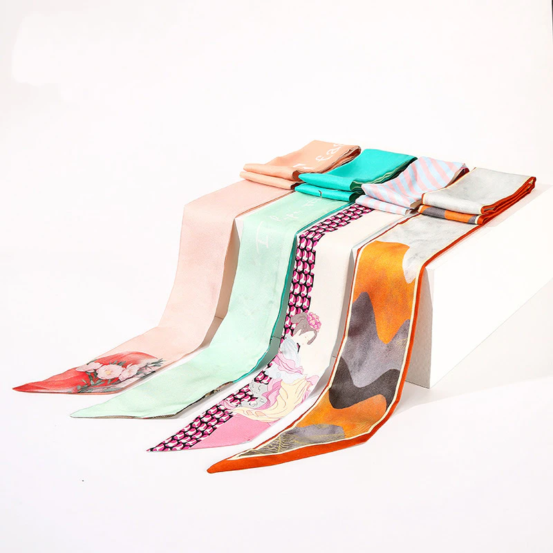 Cute Skinny Floral Print Silk Twill Ribbon Scarf