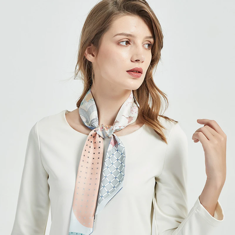 Cute Skinny Floral Print Silk Twill Ribbon Scarf
