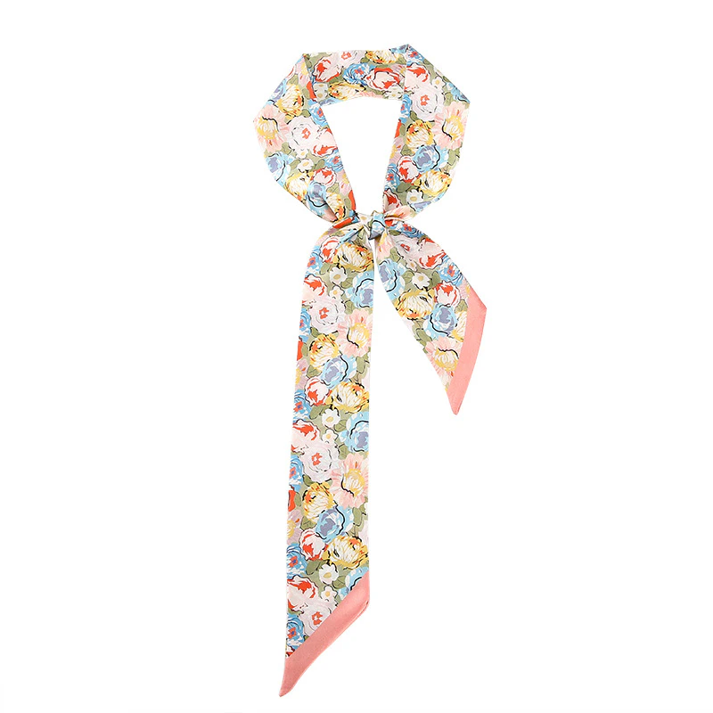 Cute Skinny Floral Print Silk Twill Ribbon Scarf