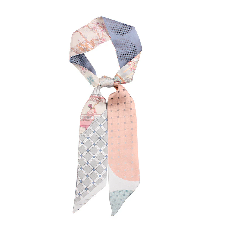 Cute Skinny Floral Print Silk Twill Ribbon Scarf