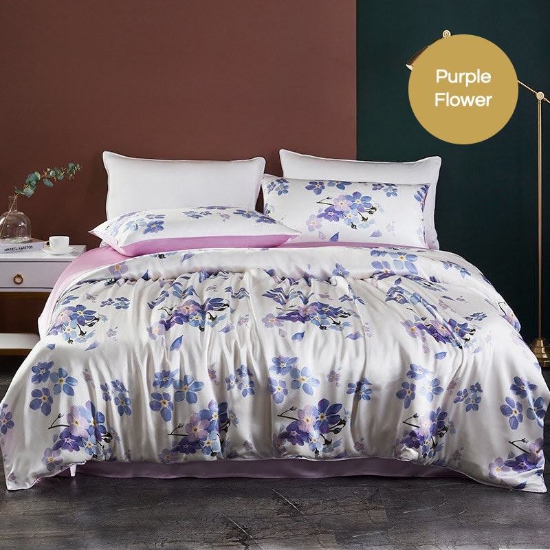 4PCS Original Designed Floral Printed Silk Bedding Set