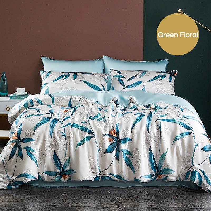 4PCS Original Designed Floral Printed Silk Bedding Set