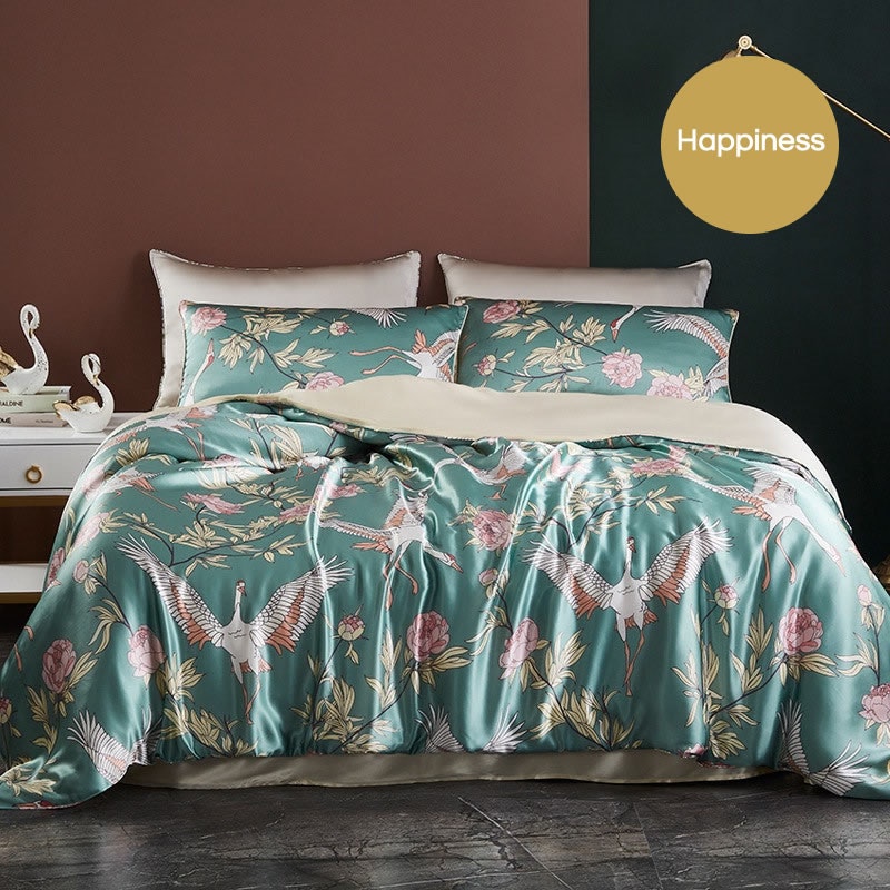 4PCS Original Designed Floral Printed Silk Bedding Set
