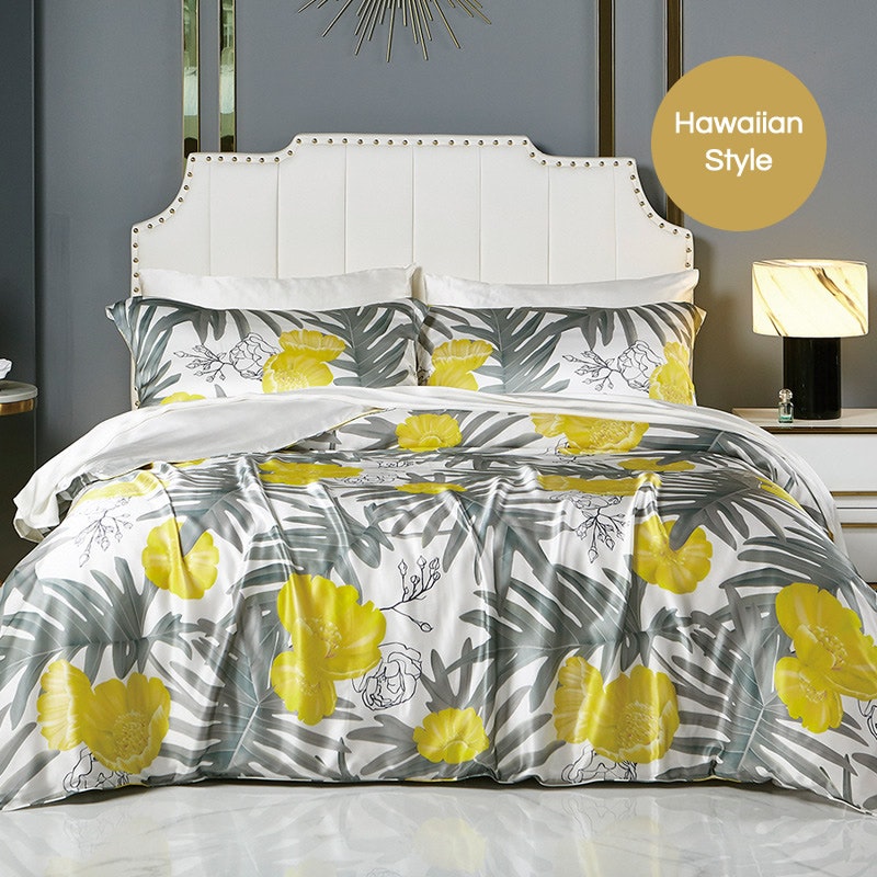 4PCS Original Designed Floral Printed Silk Bedding Set