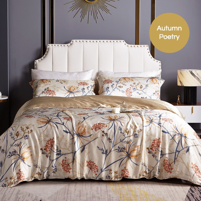 4PCS Original Designed Floral Printed Silk Bedding Set