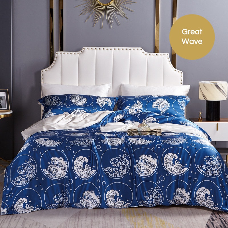 4PCS Original Designed Floral Printed Silk Bedding Set