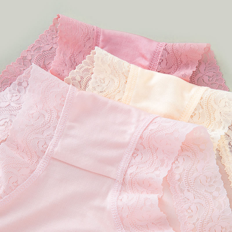 3 Pack Women Mid Waist Silk Panties With Lace