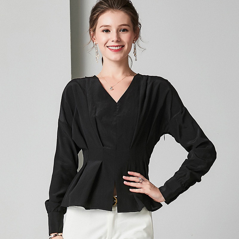 Elegant V Neck Collarless Silk Shirt | RachelSilk | United States