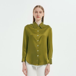 Glossy Long Sleeves Collared Silk Blouse