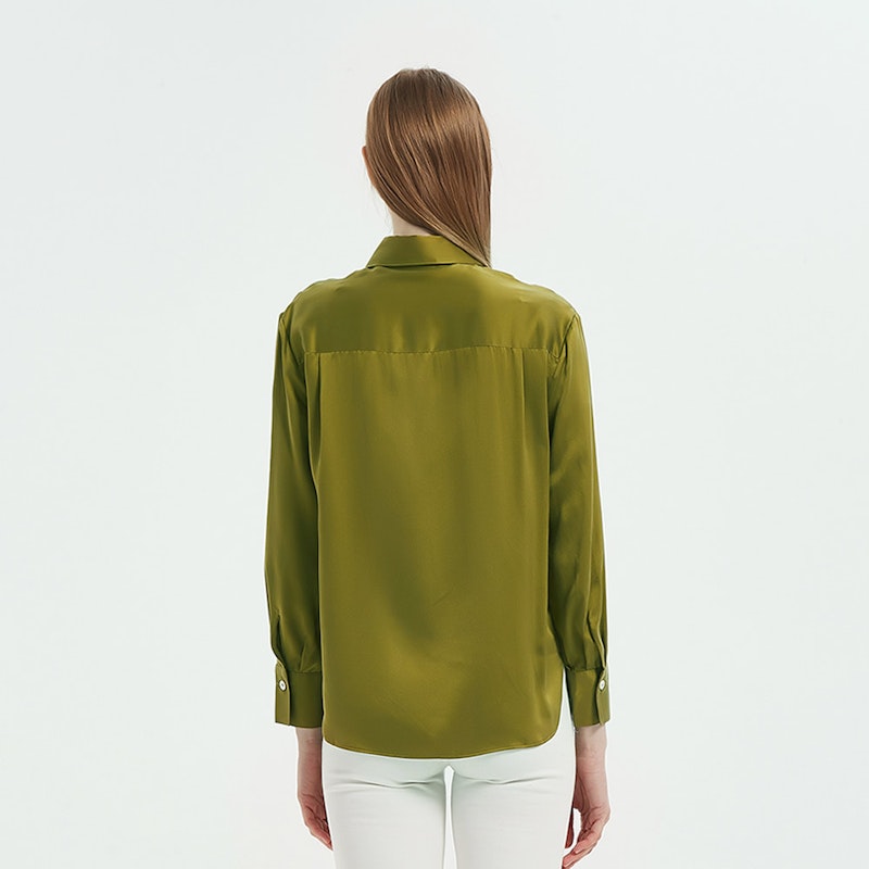 Glossy Long Sleeves Collared Silk Blouse