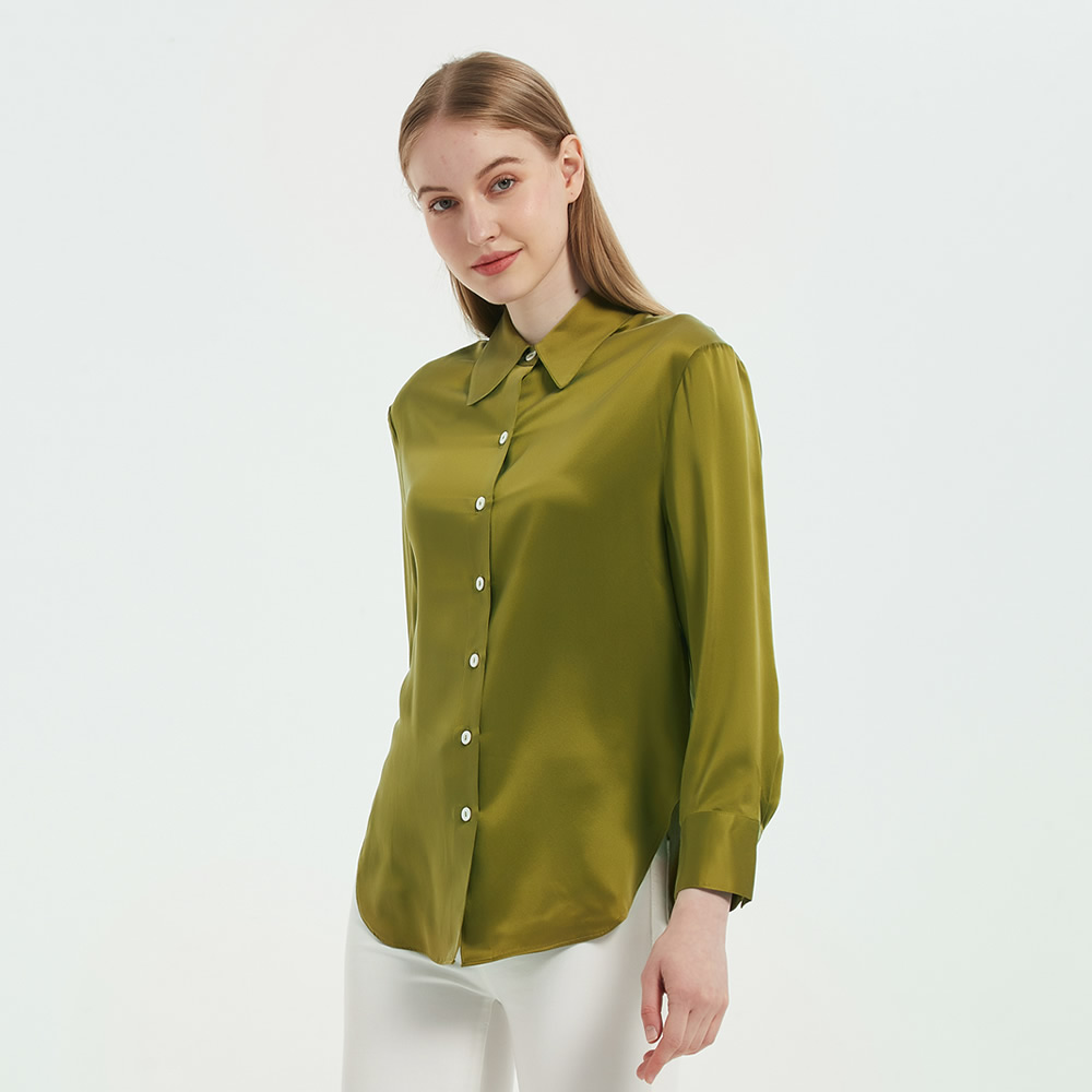 Glossy Long Sleeves Collared Silk Blouse | RachelSilk | United States