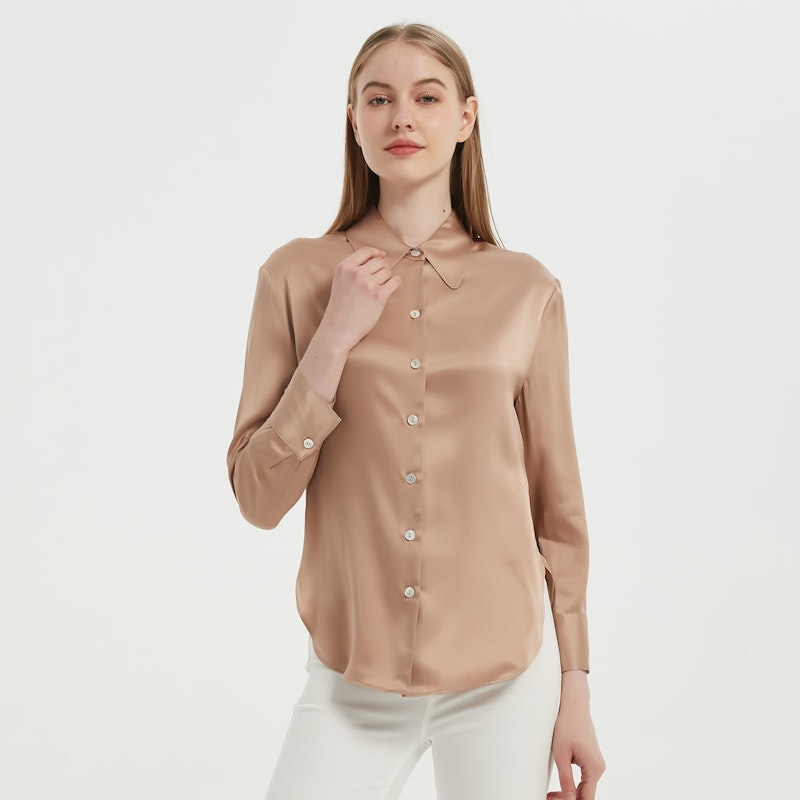 Glossy Long Sleeves Collared Silk Blouse