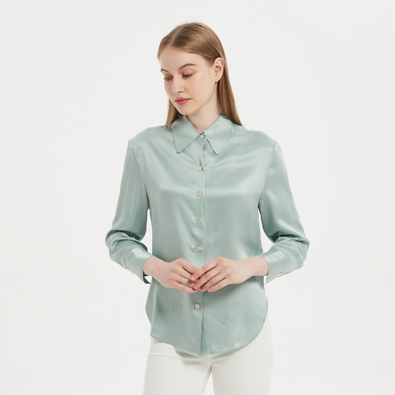 Glossy Long Sleeves Collared Silk Blouse