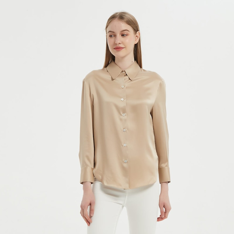 Glossy Long Sleeves Collared Silk Blouse