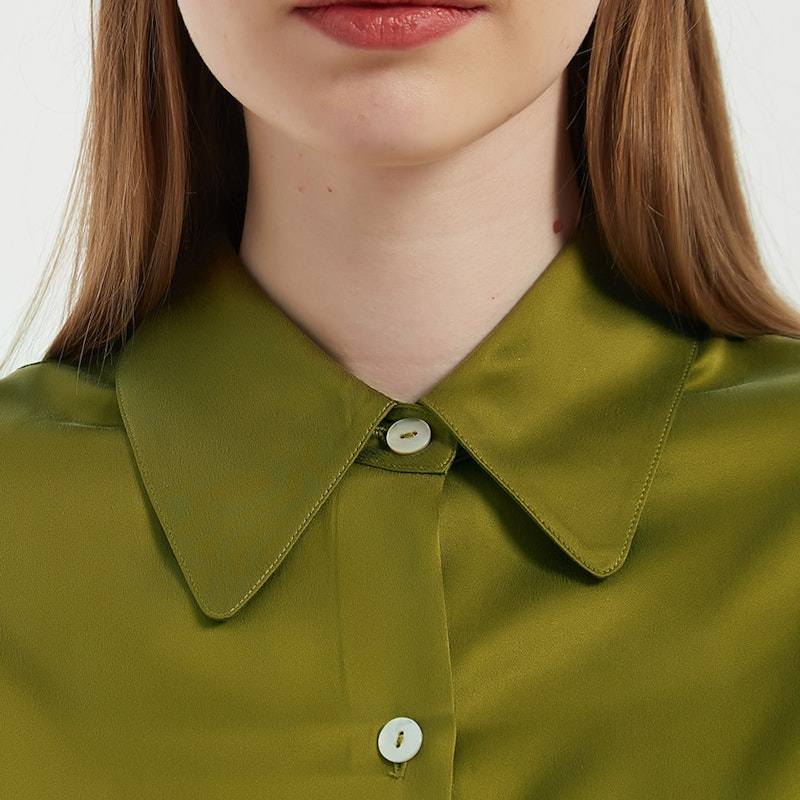 Glossy Long Sleeves Collared Silk Blouse