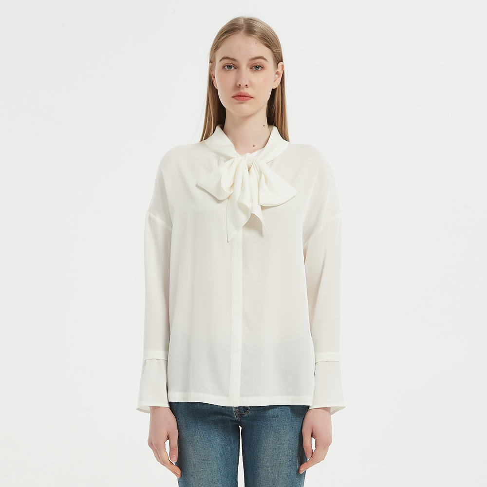 Elegant Women Bow-Tie Neck Silk Blouse detail Image
