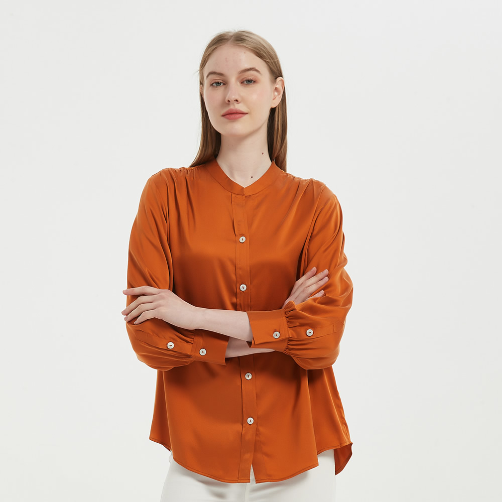 Glossy Long Sleeves Collared Silk Blouse