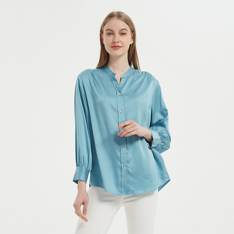 Women Retro Stand Collar Silk Blouse