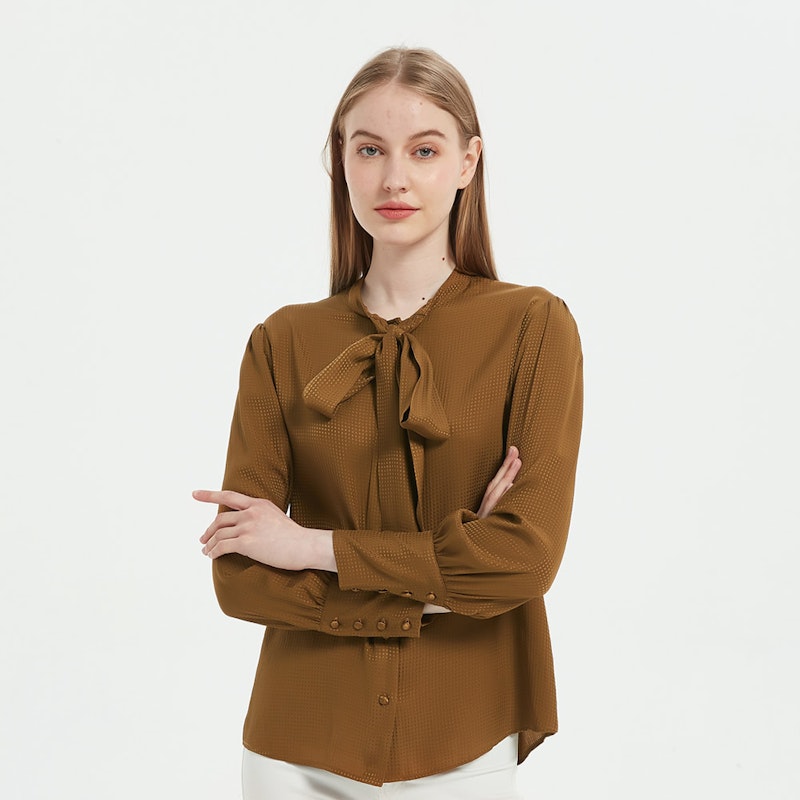 Women Jacquard Silk Bow Tie Blouse