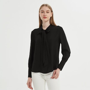 Women Jacquard Silk Bow Tie Blouse