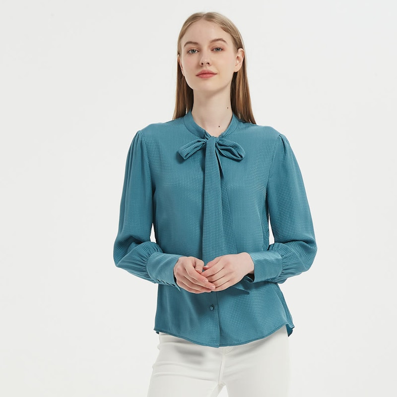 Women Jacquard Silk Bow Tie Blouse