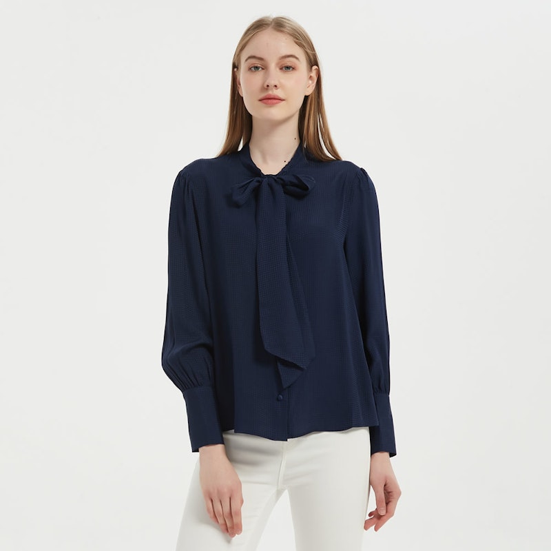 Women Jacquard Silk Bow Tie Blouse