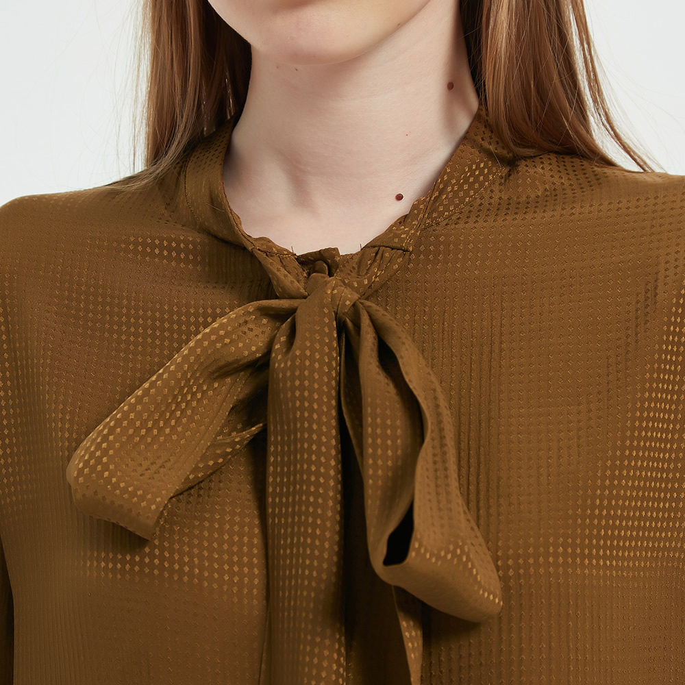 Women Jacquard Silk Bow Tie Blouse detail Image