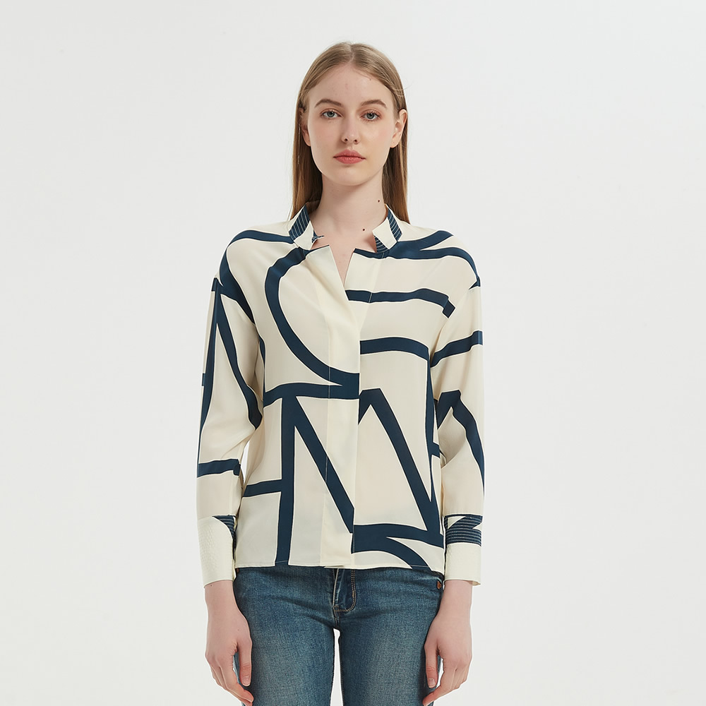 Women Casual Geometric Print Silk Shirt, RachelSilk