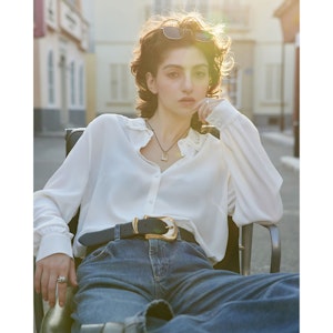 Women Silk Blouse with Openwork Embroidery Collar