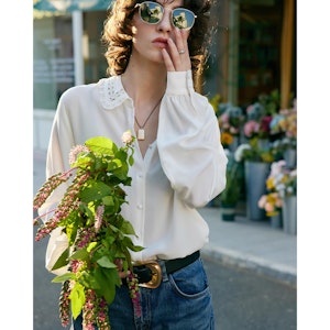 Women Silk Blouse with Openwork Embroidery Collar