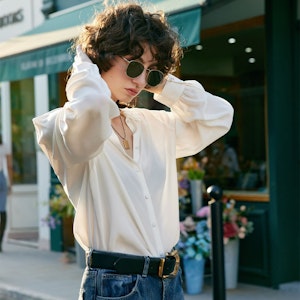 Women Silk Blouse with Openwork Embroidery Collar