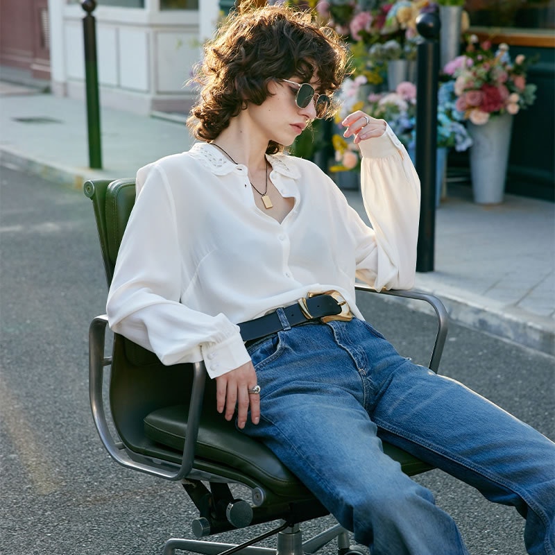 Women Silk Blouse with Openwork Embroidery Collar