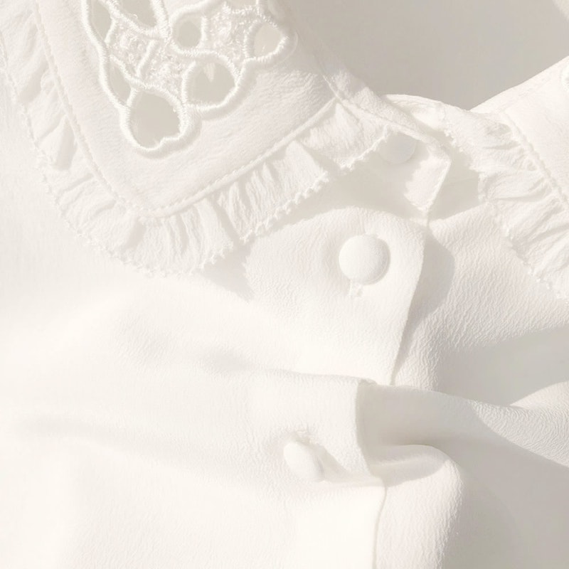 Women Silk Blouse with Openwork Embroidery Collar