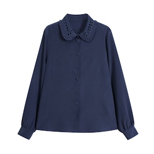 Women Silk Blouse with Openwork Embroidery Collar