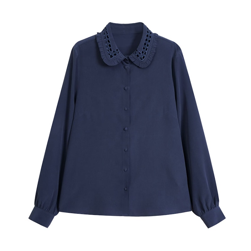 Women Silk Blouse with Openwork Embroidery Collar